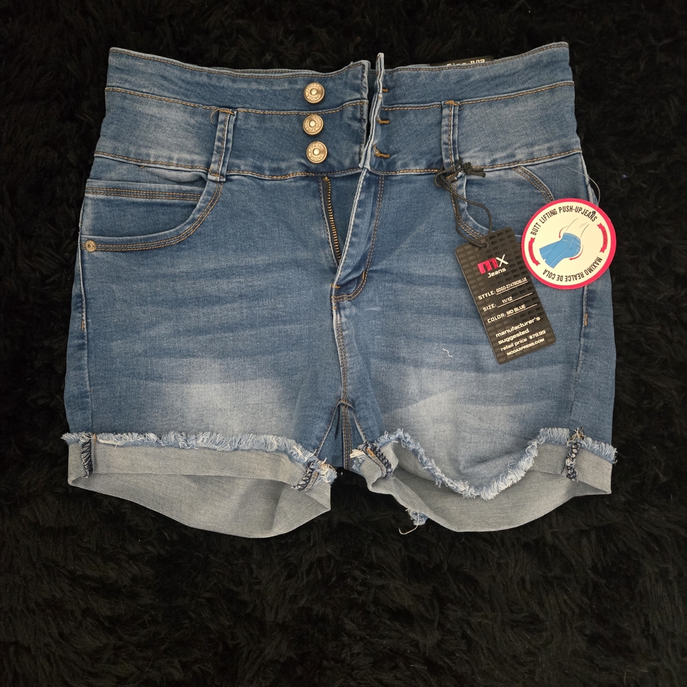 Dark Blue High-Rise Distressed Denim Shorts with Triple Button